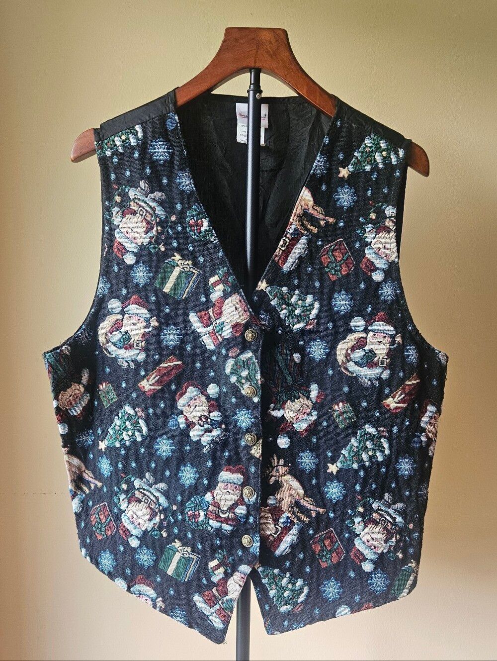 Vintage Bobbie Brooks Festive Christmas Santa Holiday Vest in Black Size XL